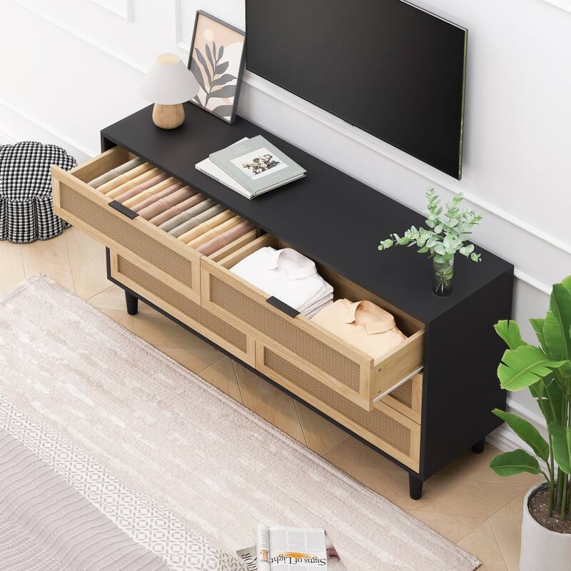 59.06" 6-Drawers Rattan Storage Cabinet Rattan Drawer with White Drawer Slides, for Bedroom, Living Room