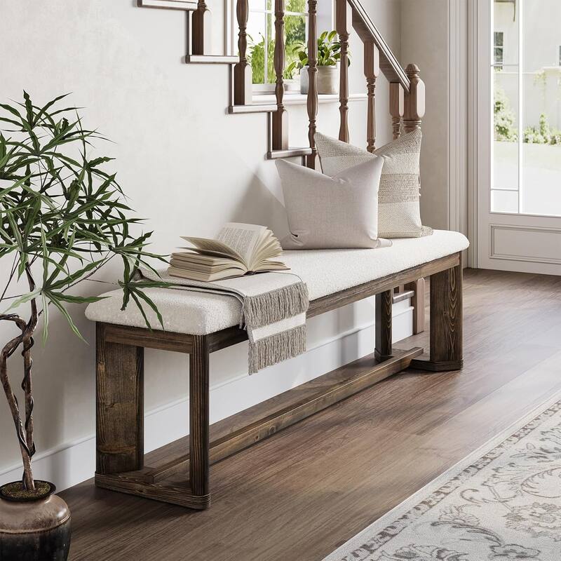 63-Inch Upholstered Bench, Solid Wood Entryway Shoe Bench with Cushion for Bedroom, Living Room