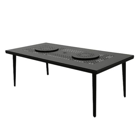 Modern Outdoor Mesh Aluminum Black 84-in Rectangle Large Patio Dining Table with Two Removable Lazy Susan's