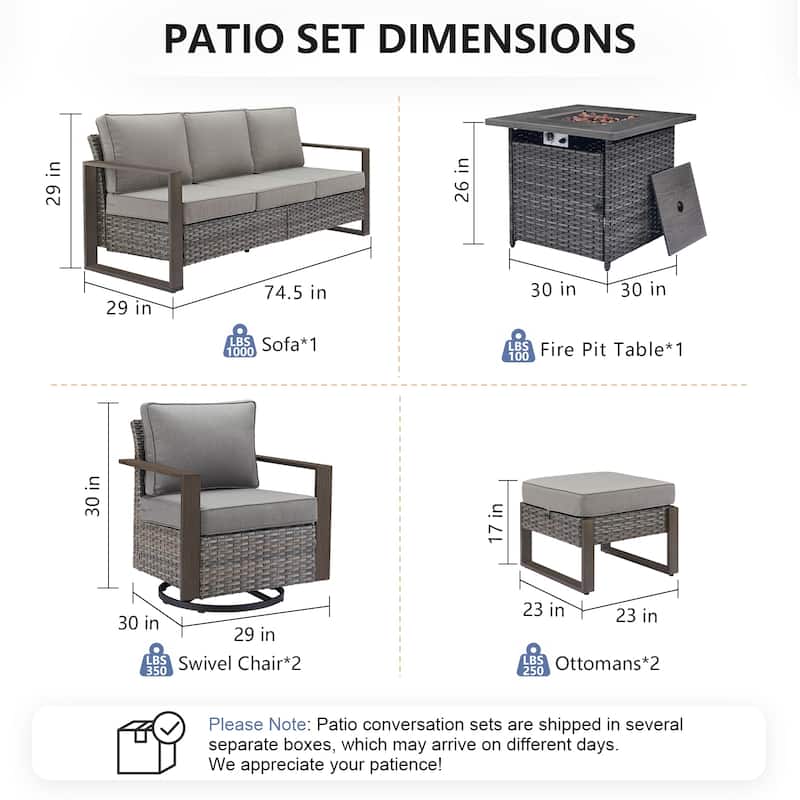 Pocassy Outdoor Fire Pit with 3-Seat Sofa Swivel Chairs Patio Furniture Set