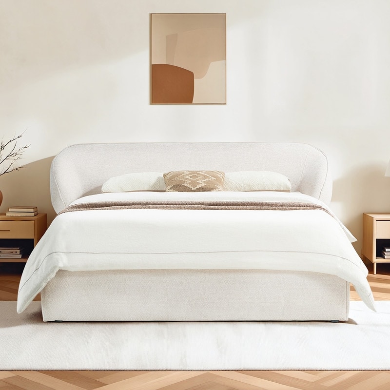 Upholstered Platform Bed with Rounded Headboard and Water-repellent Chenille Fabric