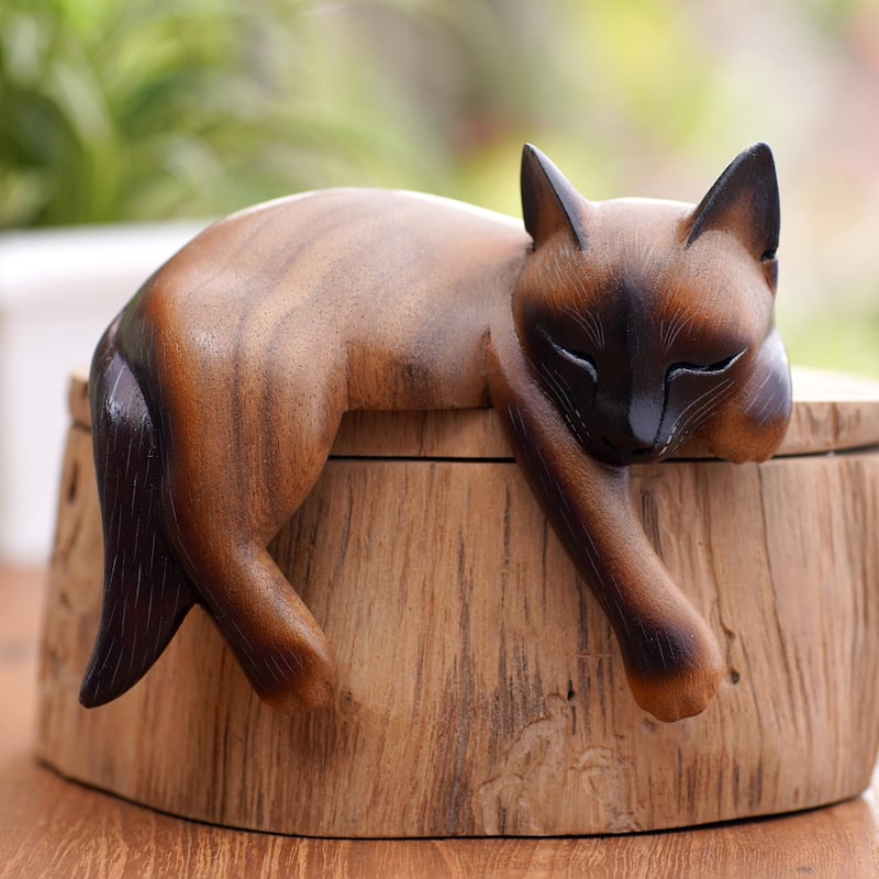 Novica Handmade Sleeping Feline Wood Statuette