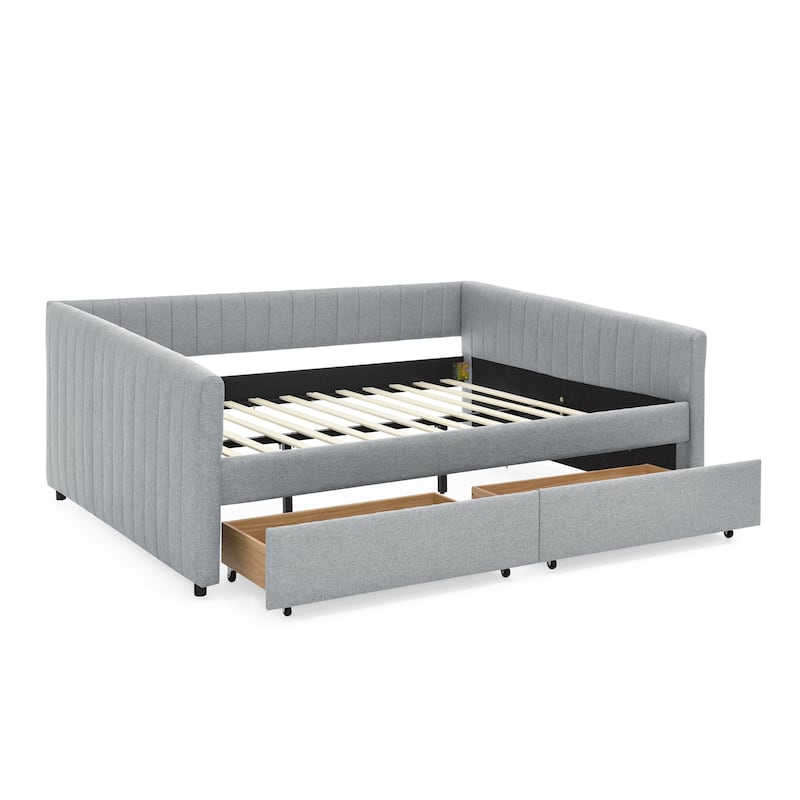 Queen Size Upholstered Daybed with Trundle and Storage Drawers, Grey Linen Fabric