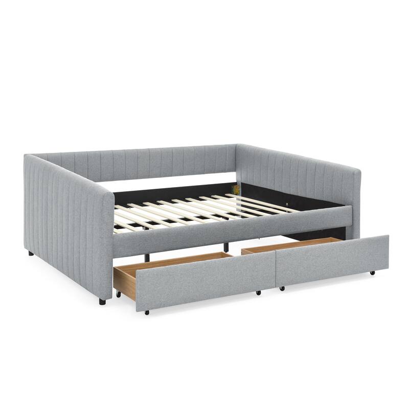 Roomfitters Queen Upholstered Daybed with Trundle and Storage Drawers, Vertical Striped Linen Sofa Bed