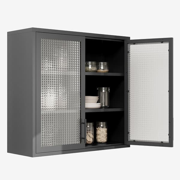 Yizosh Metal Storage Cabinet With Glass Doors - 35.4" Locking Display 2 Adjustable Shelves 3 Tier Steel Locker Home Office Living Room Bedroom