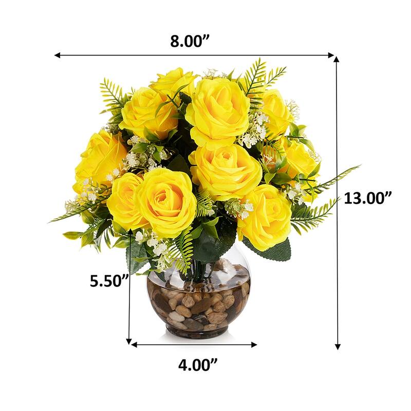 18 Heads Silk Rose Flower in Clear Glass Vase With Faux Water and River Stone for Home Decor, Wedding Table