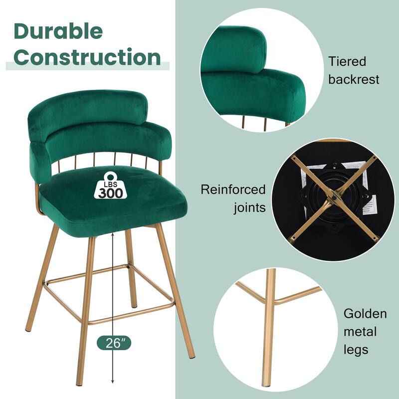 26 Inch Bar Stools Set of 2 Swivel Upholstered Back Metal Legs