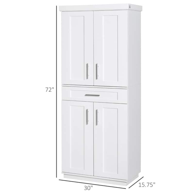 Kitchen Hutch Storage Cabinet, Modern White Pantry with 4 Doors and Drawers, Freestanding Cupboard Sideboard Buffet Cabinet