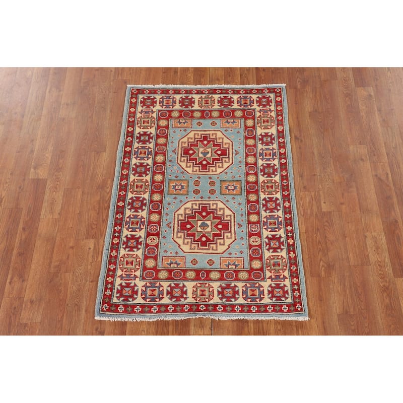 Light Blue Kazak Oriental Accent Rug Handmade Geometric Wool Carpet - 2'9" x 3'10"