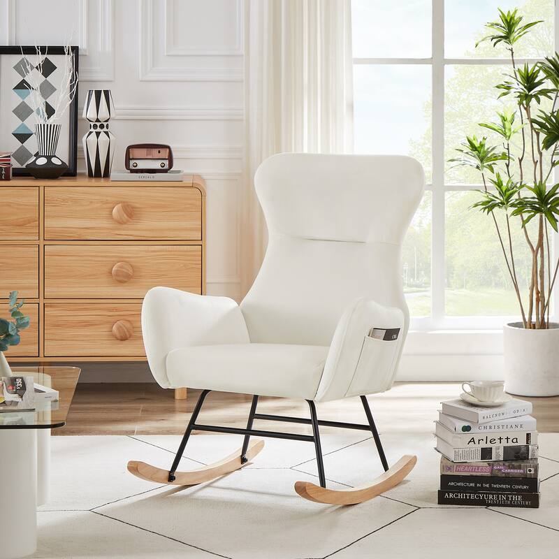 Teddy Fabric Rocking Chair with Pockets: Off-White Teddy Fabric, Comfortable Nursery Furniture