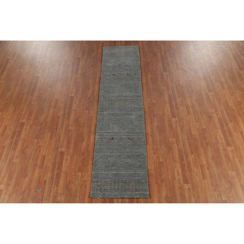 Striped Gabbeh Oriental Runner Rug Hand-Knotted Grey Wool Carpet - 2'3"x 9'7"