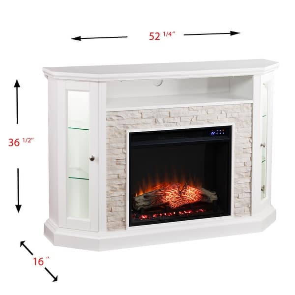 dimension image slide 1 of 2, SEI Furniture Ratner Faux Stone Fresh White Corner Convertible Fireplace