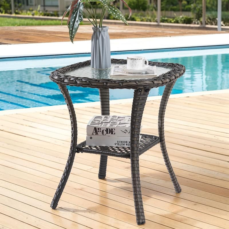 Stylish Outdoor Wicker side Table with Glass Top - Side Table - Grey