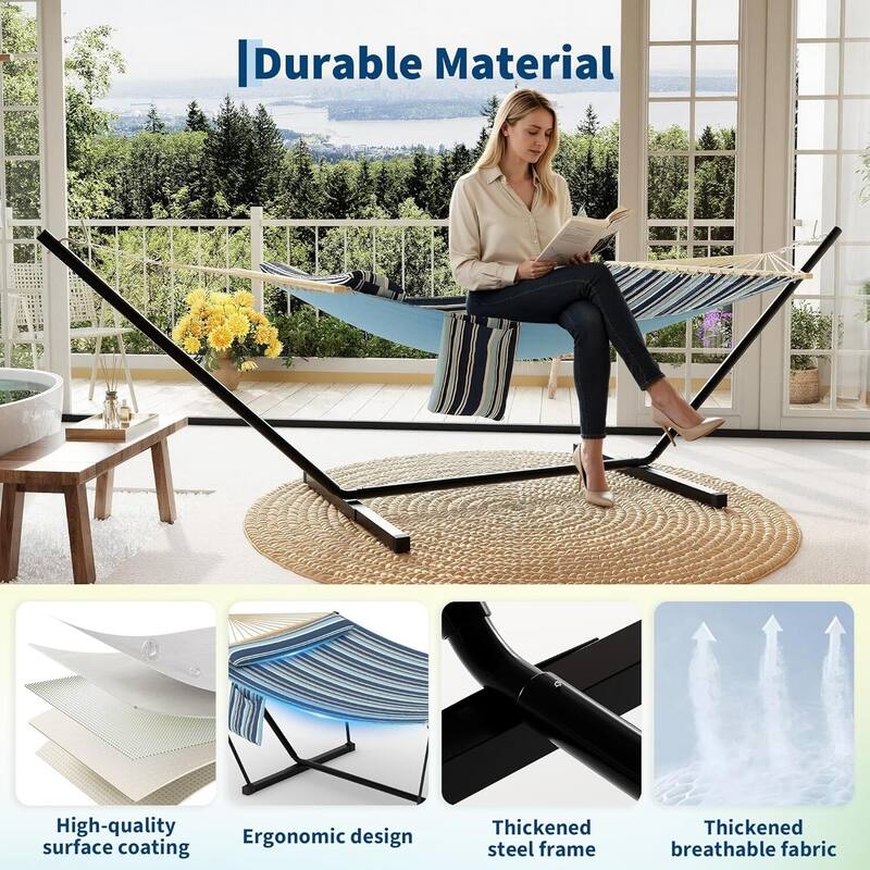Heavy Duty Portable Double Hammock with Stand for Outdoor Patio, Garden, Beach, Backyard