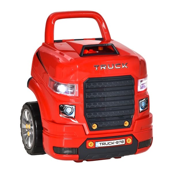 slide 2 of 11, Kids Truck Engine Toy Repair Workshop Set with 61 Pieces, Simulated Sounds, Lights, and DIY Stickers for Ages 3-5 - Red Red
