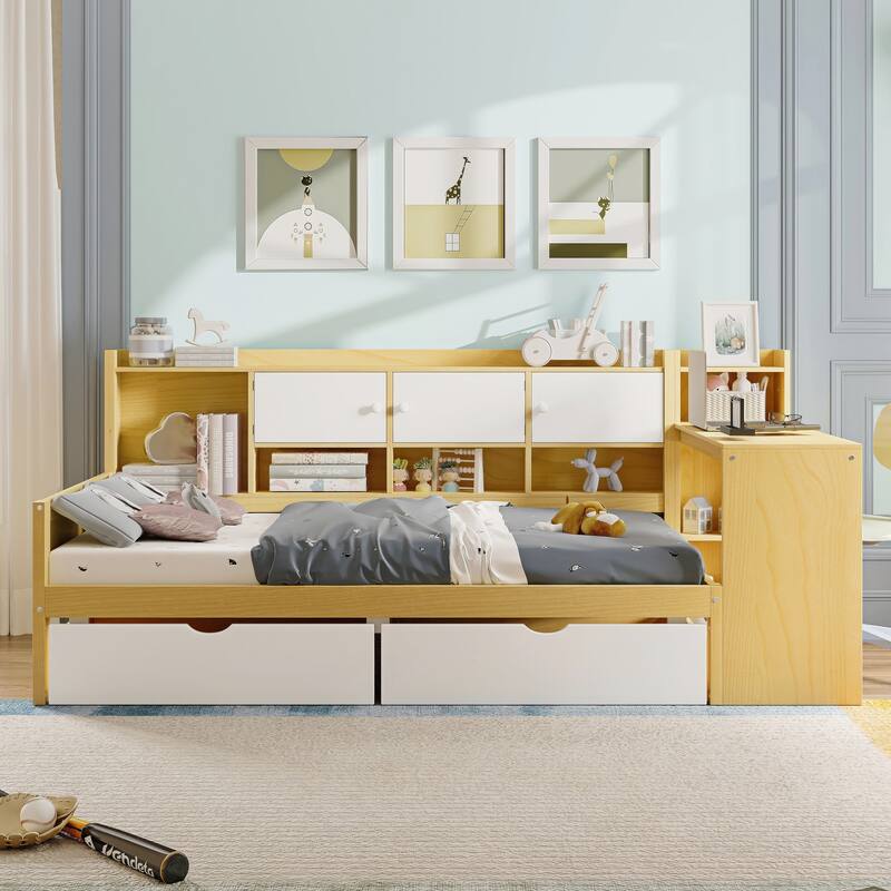 L-Shape Storage Headboard Daybed Sofa Bed, Wooden Panel Bed Frame with Study Desk and 2 Storage Drawers