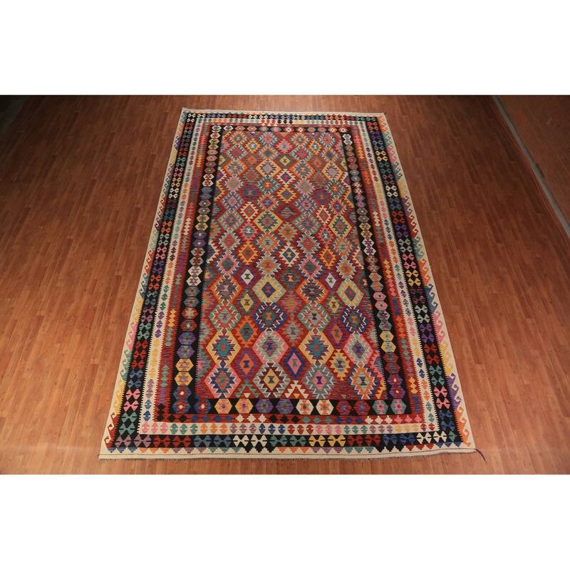 All-Over Geometric Kilim Oriental Large Rug Flatweave Wool Carpet - 10'1"x 15'11"