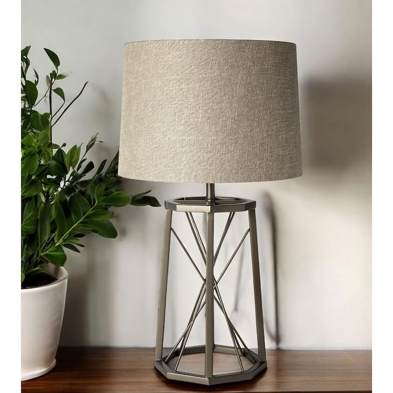 Bronze Metal Table Lamp Base with Beige Drum Shade 3 Way Switch - 16” x 16” x 28.5” (D x W x H)