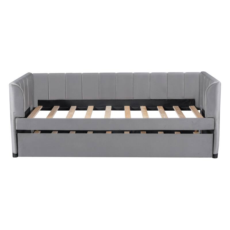 Twin Size Upholstered Daybed with Ergonomic Design Backrest and Trundle