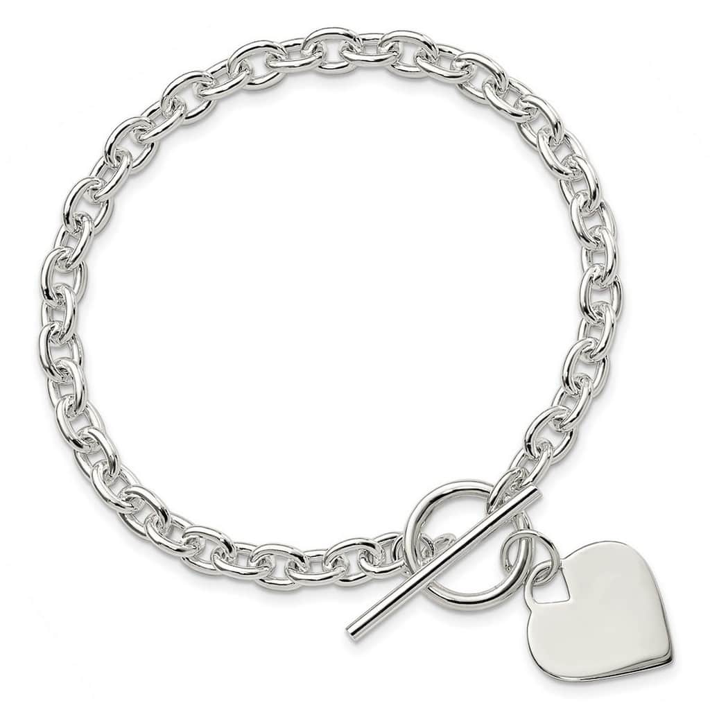 Curata 925 Sterling Silver 8" Polished Engravable Heart Tag Chunky Toggle Bracelet