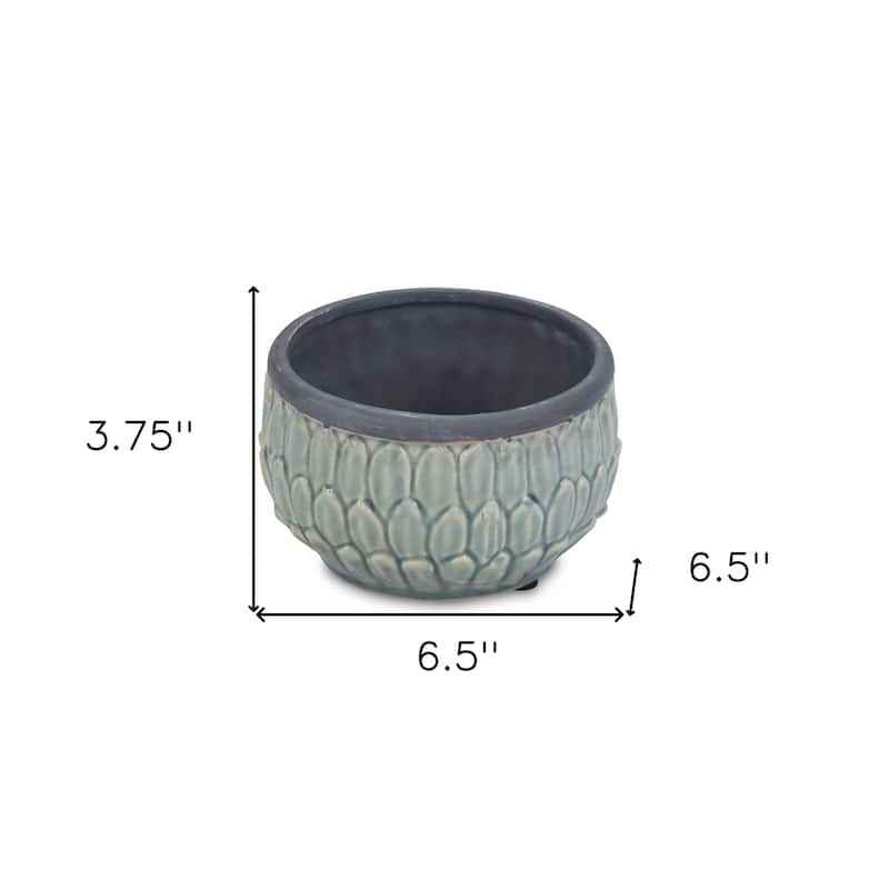 HomeRoots Blue Ceramic 37 Ounce Round Distressed Pot Planter - 6.50 in. x 3.75 in. x 6.50 in.
