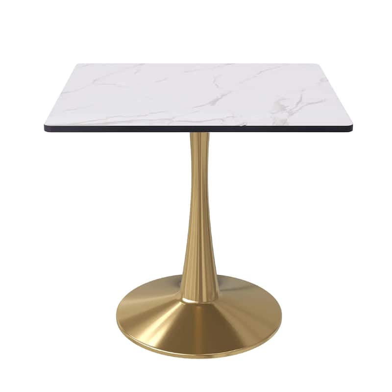 Bristol Square Marbled White MDF Wood Top and Gold Steel Pedestal Base Dining Table for Dining Rooms, Kitchens, and Restaurants - 27 in.