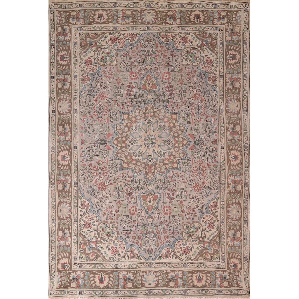 Distressed Grey Tabriz Persian Vintage Rug Hand-Knotted Wool Carpet - 7'10"x 11'0"