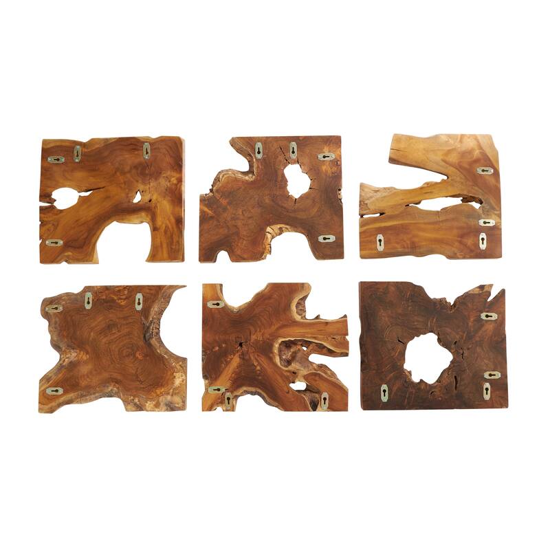 Brown Teak Wood Handmade Live Edge Wood Slab Abstract Home Wall Decor (Set of 6)