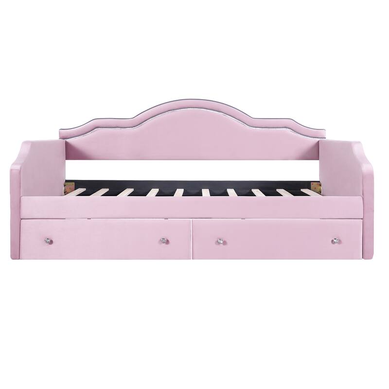 Pink Velvet Twin Upholstered Daybed with LED Lights and Storage Drawers