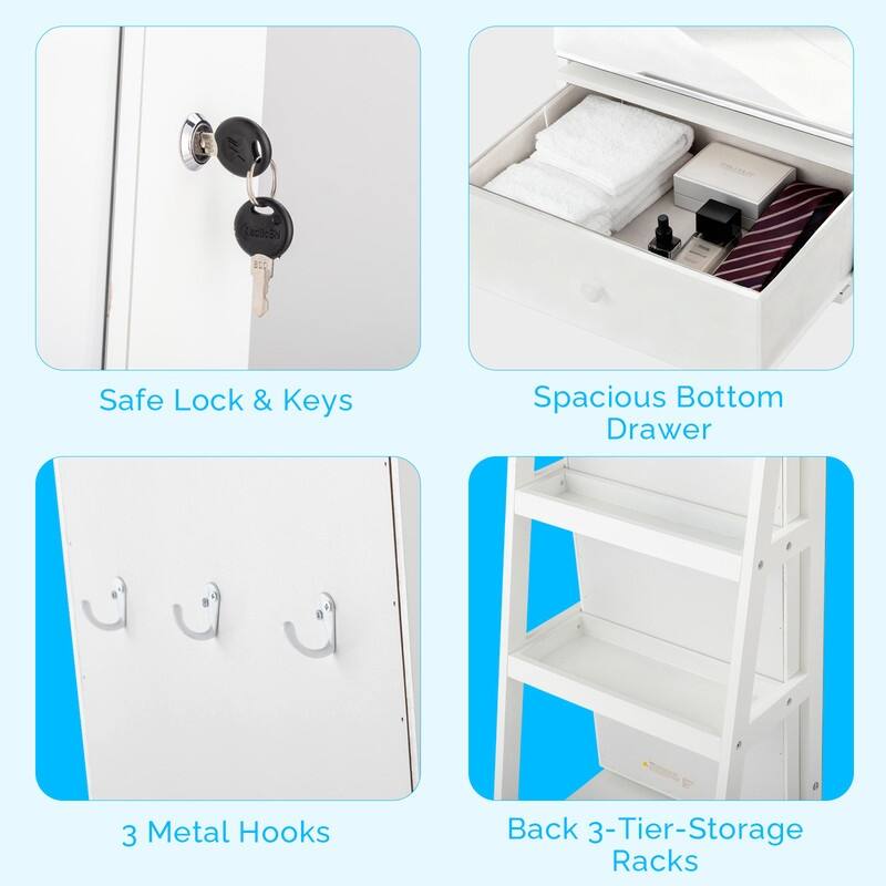 White Mirror Cabinet with 1 Door 1 Fabric Drawer 3 Shelves