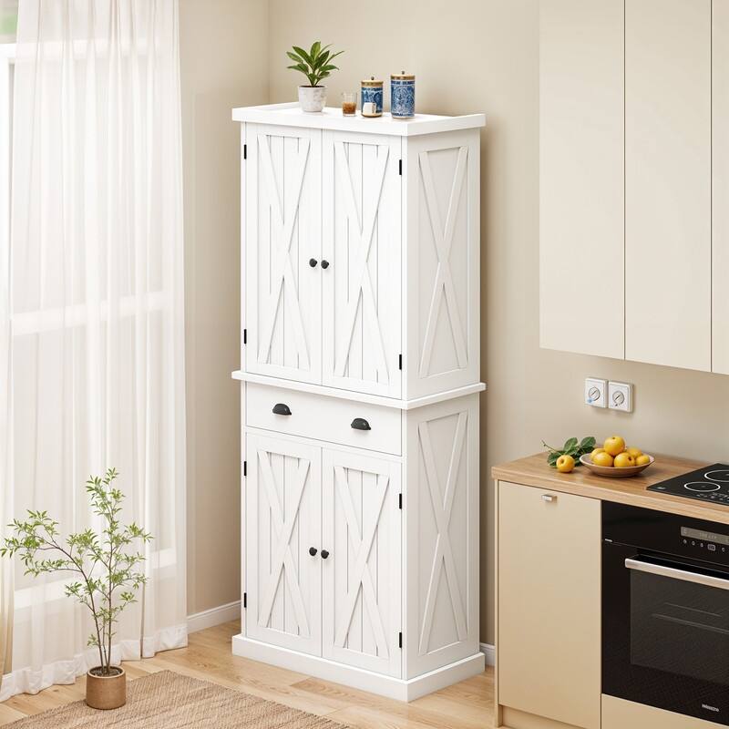 Farmhouse Kitchen Storage Pantry Cabinet with with 4 Barn Doors and Large Drawer & Adjustable Shelves - White