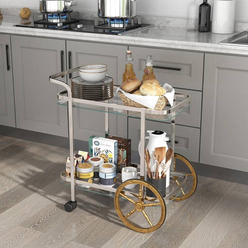 Gymax 2-Tier Serving Cart w/ Tempered Glass Shelves 2 Large Aluminum