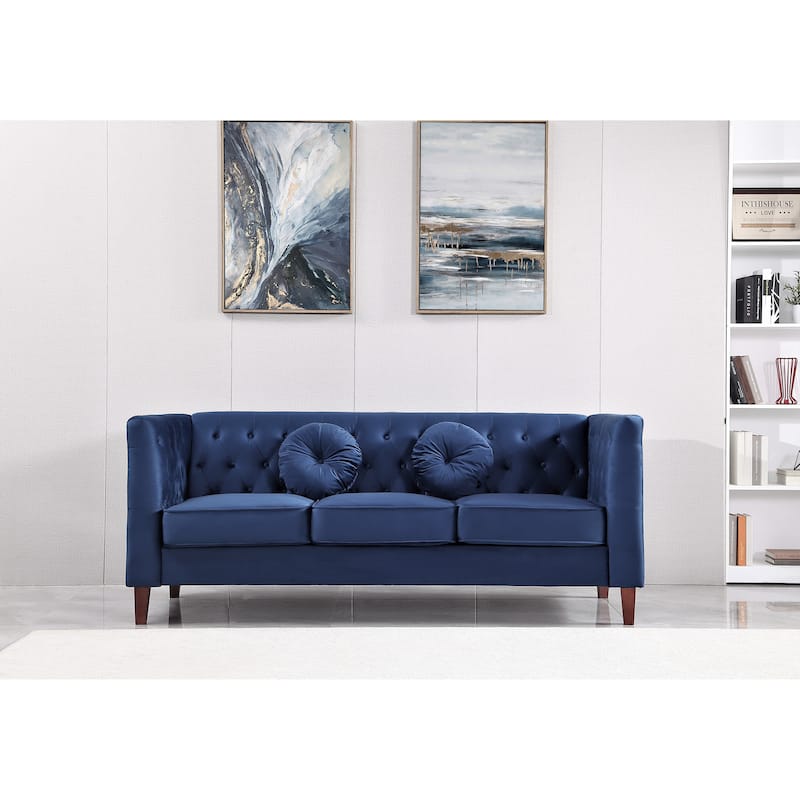 US PRIDE FURNITURE Velvet Classic Chesterfield Sofa with Wood legs - Dark Blue