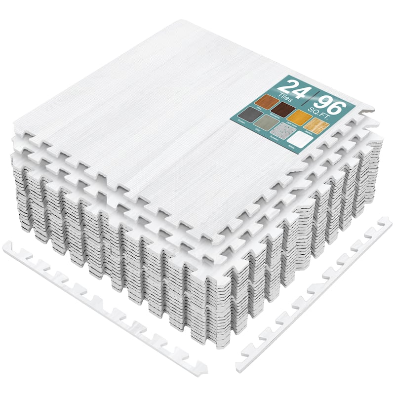 Sorbus 96 Sq. Ft. Wood Grain Floor Tiles Foam Mat EVA Interlocking Mats Tile 3/8-Inch Thick Exercise Mats w/Borders - White