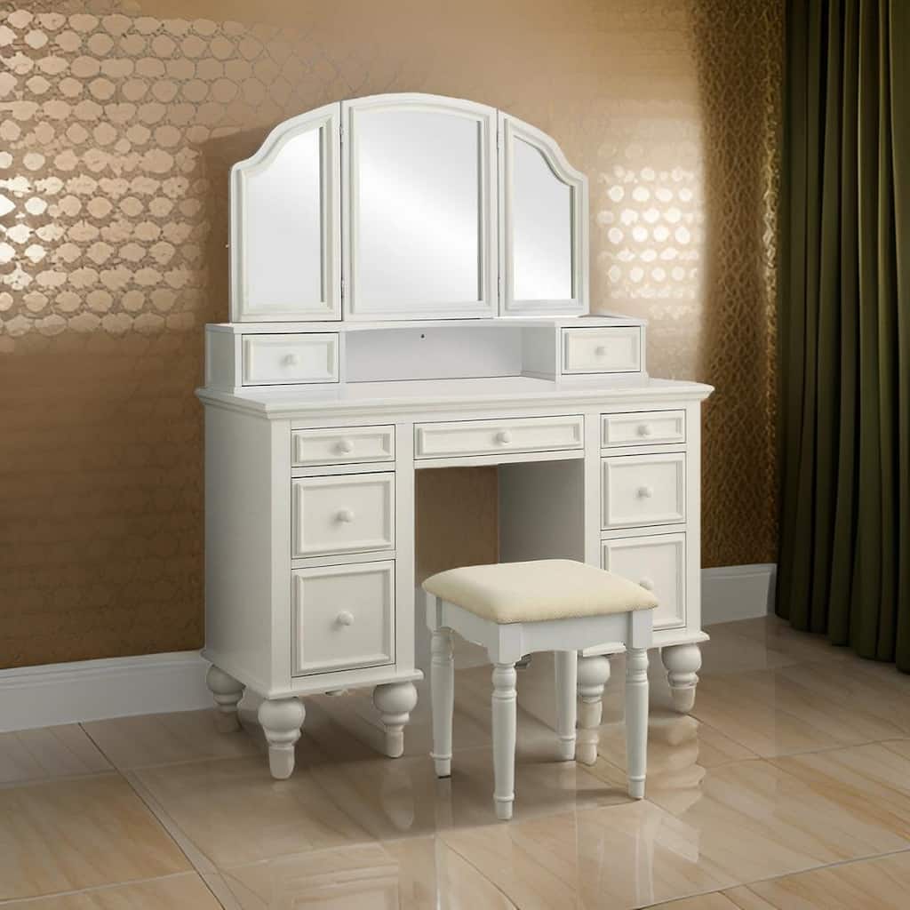Cael 60 Inch Vanity Desk with Stool, Drawers, 3 Sided Mirror, White Wood