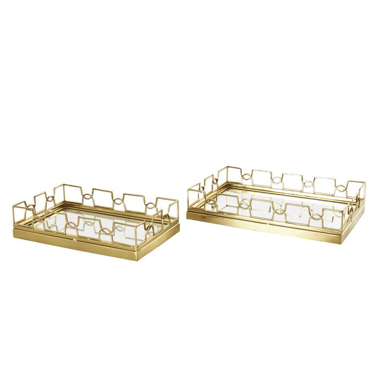 Gold Stainless Steel Metal Mirrored Geometric Living Room Decor Tray with Wire Rod Frame and Mirrored Glass Interior (Set of 2)