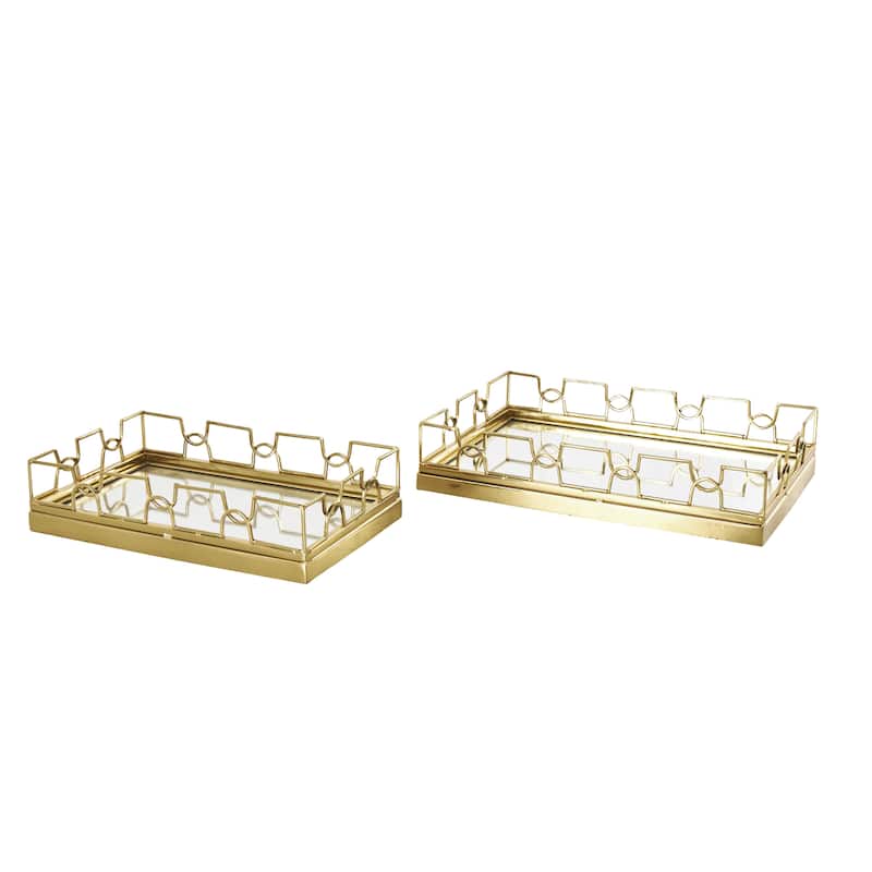 Stainless Steel Metal Geometric Living Room Decor Tray with Mirrored Glass Interior - Set of 2 Gold - Roche River Decor