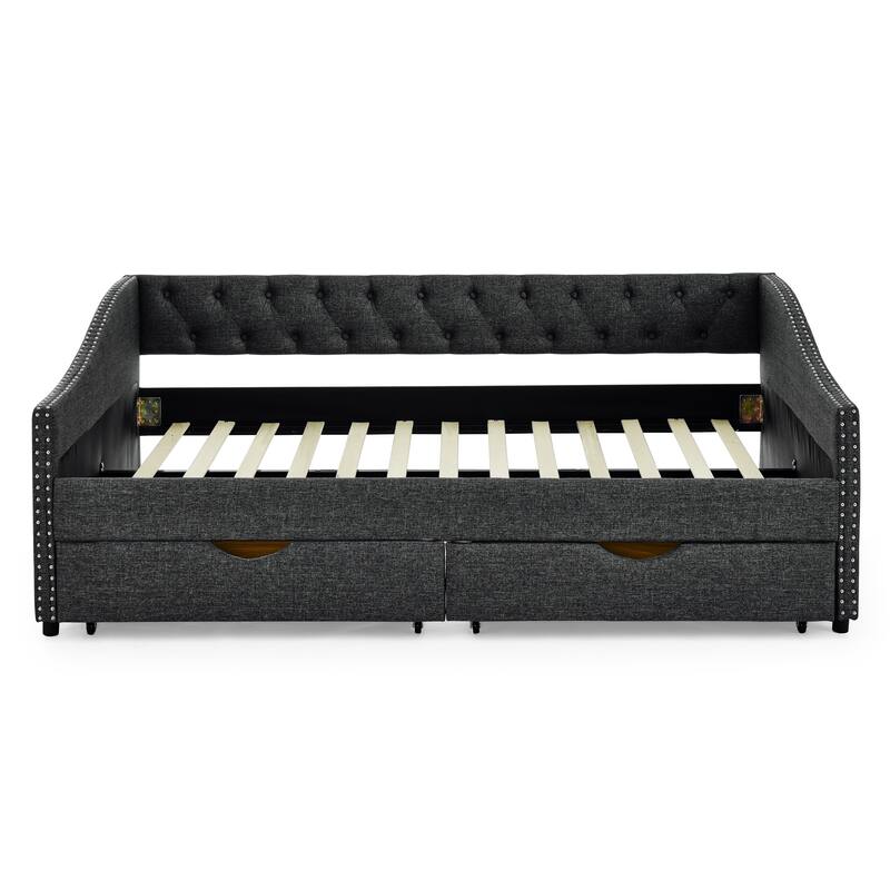 Roomfitters Twin/Full/Queen Upholstered Daybed with Tufted Backrest, Nailhead Trim and Underbed Storage Trundle