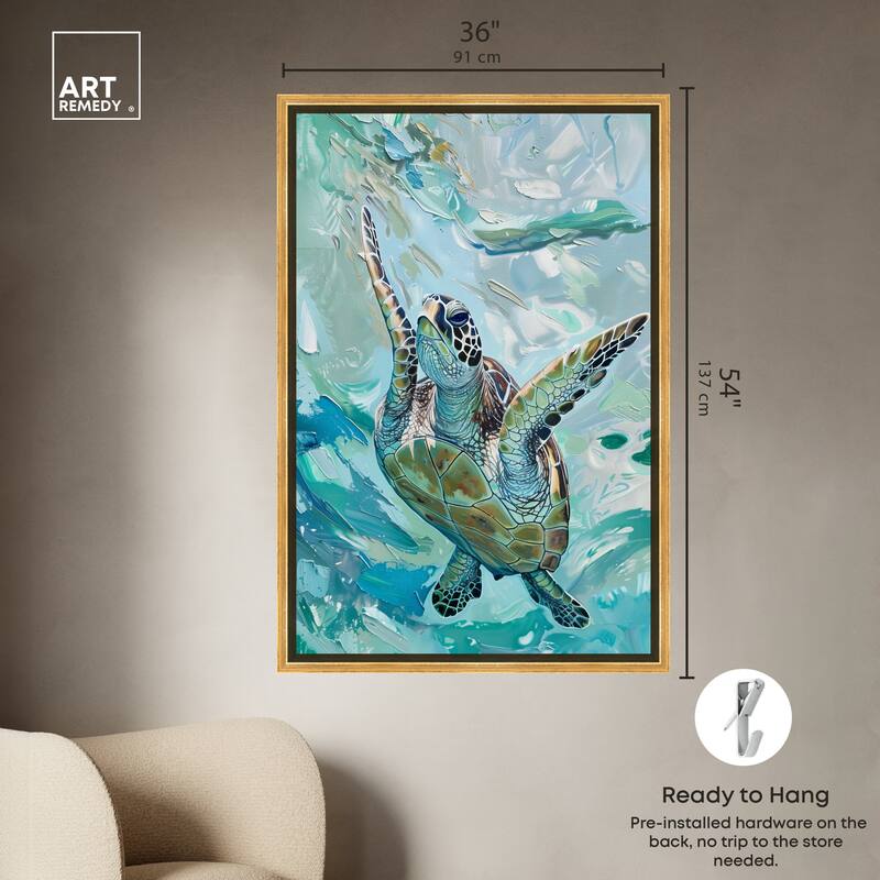 Art Remedy Serene Turtle Framed Colorful Coastal 1 Piece Canvas Wall Art