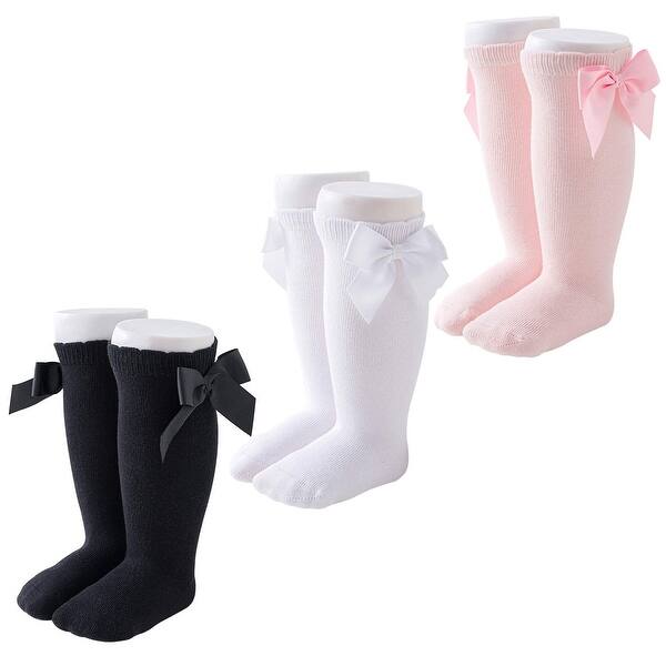 slide 2 of 6, CozyWay Baby Knee High Bow Socks, Black White Pink, 3 pair