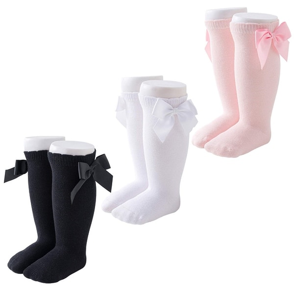 slide 2 of 6, CozyWay Baby & Toddler Knee High Bow Socks, Black White Pink, 3 pair