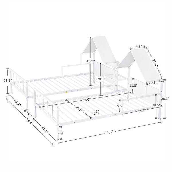 dimension image slide 1 of 2, Kids and Baby Twin Size Double Platform Bed with House-shaped Headboard,Built-in Nightstand