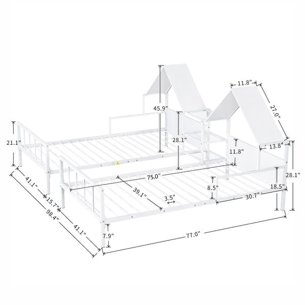 Space-Saving Metal Double Twin Platform Bed Frame w/House-Shaped Headboard & a Built-in Nightstand, No Box Spring Needed, White