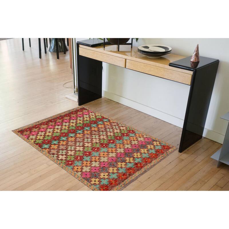 Modern Balochi Curry Maroon/Blue Hand Knotted Wool Rug - 3'4'' x 4'10''