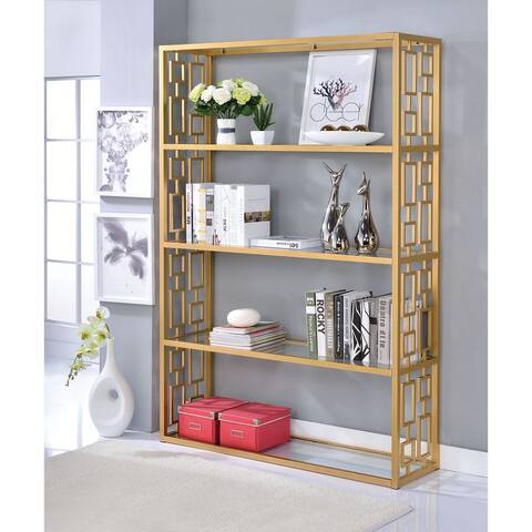 Blanrio Rectangular Bookshelf with 4 Open Compartments (5 Shelves) in Gold & Clear Glass