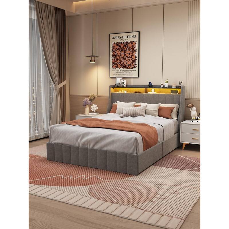 Wingback Headboard Upholstered Platform Bed Frame with 4 Drawer