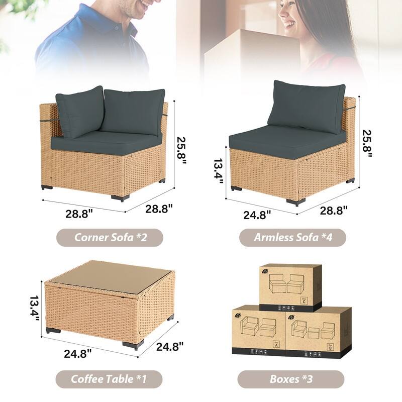 Patio Watcher 7-Piece Patio Yellow Wicker Sectional Seating Group with Cusions and Side Table
