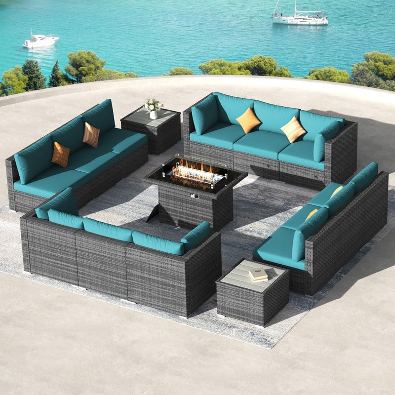 FINCATI 15-Piece Grey Wicker Patio Conversation Set with 43" Fire Pit