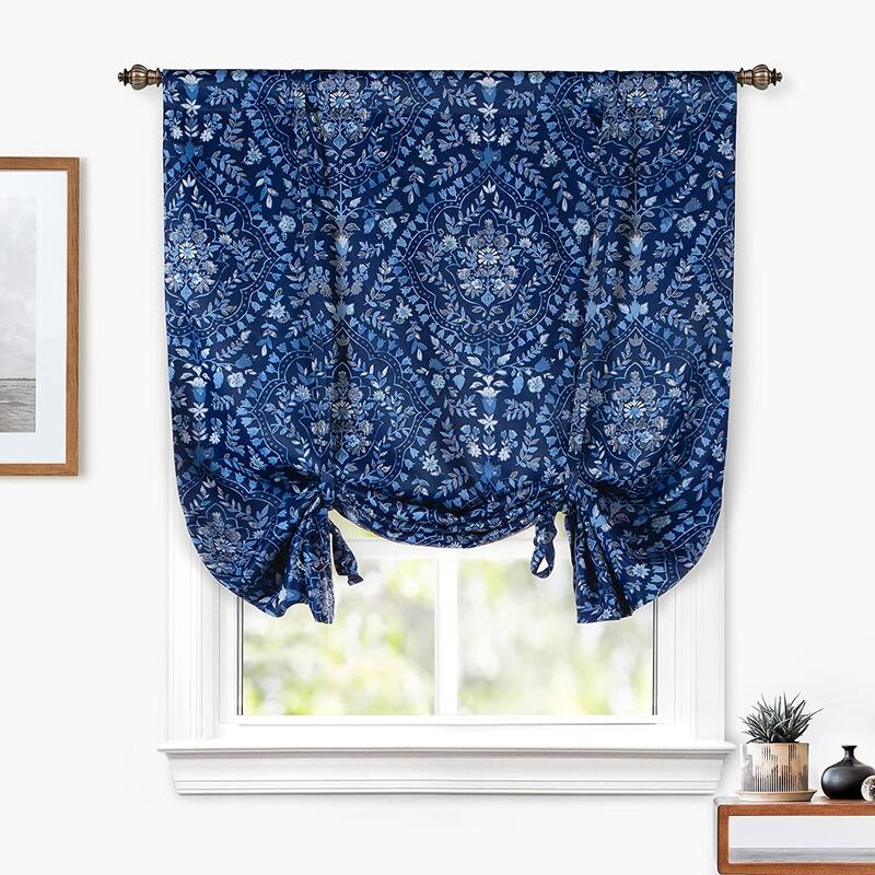 DriftAway Fleur Floral Damask Medallion Printed Pattern Blackout Tie Up Curtain - 45" Width X 63" Length - 45" Width X 63" Length - Navy