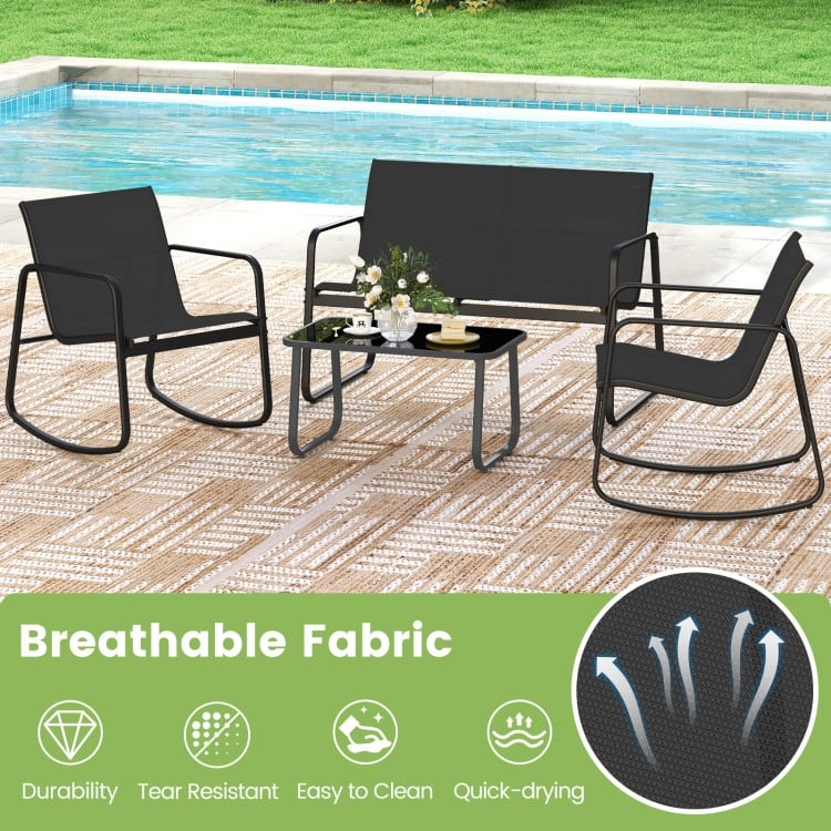 4 Piece Black Metal Fabric Rocking Bistro Set with Coffee Table Outdoor - Rocking Chair: 28.5” x 24” x 31.5” (L x W x H)